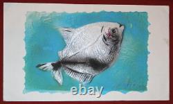 Abstract Modernist Fish Painted Print Etching Signed