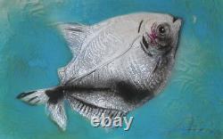 Abstract Modernist Fish Painted Print Etching Signed
