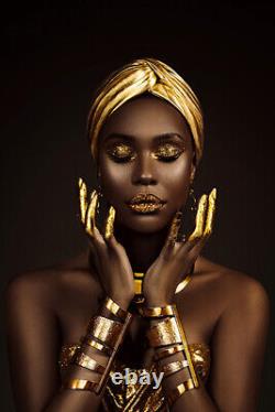 African Black Woman Model Gold Face Hot Canvas Print Portrait Modern Wall Art