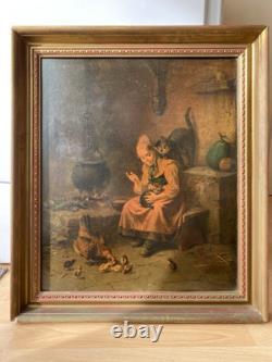 Antique Continental Art Print Girl with Hen Chicks Cats Cauldron Frame Glass