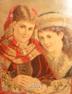 Antique European print young girls portrait signed