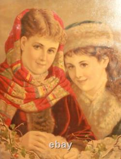 Antique European print young girls portrait signed