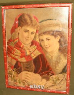 Antique European print young girls portrait signed