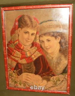 Antique European print young girls portrait signed