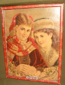 Antique European print young girls portrait signed