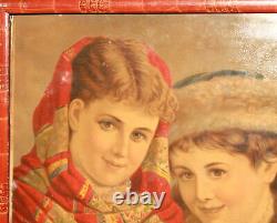 Antique European print young girls portrait signed