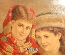 Antique European print young girls portrait signed