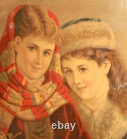 Antique European print young girls portrait signed