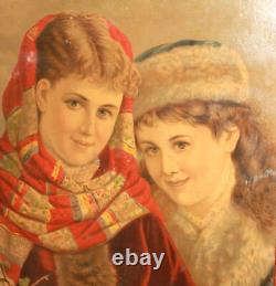 Antique European print young girls portrait signed