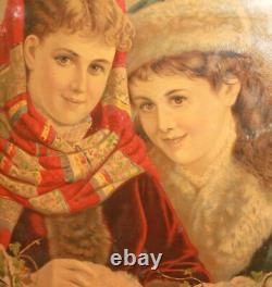 Antique European print young girls portrait signed