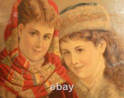 Antique European print young girls portrait signed