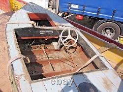 Antique Hardwood Boat Old Original With Small Engine Rudder Steering Etc