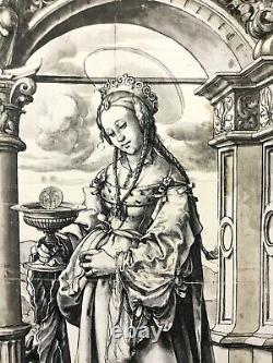 Antique Print Rare Holbein the Younger Stained Glass Panel Painting St Barbara