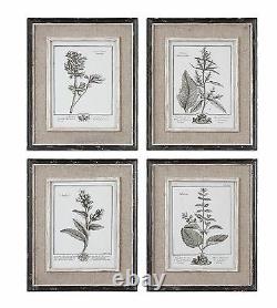 Antique Style Botanical Wall Art Prints Grey Flowers Burlap Framed