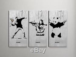 Banksy Collage Stretched Canvas Triptych Print 48x30. BONUS BANKSY WALL DECAL
