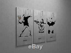 Banksy Collage Stretched Canvas Triptych Print 48x30. BONUS BANKSY WALL DECAL