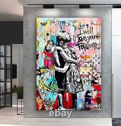 Banksy Style Valentines Love Heart Kissing Wall Art Graffiti, Canvas Art, Posters