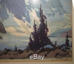Barbara Leighton'30s Color Woodcut Moraine Lake Listed Alberta Canadian Artist