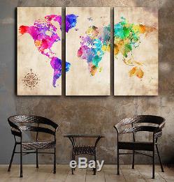 Beautiful Abstract World Map watercolor FRAMED Canvas prints Triptych