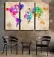 Beautiful Abstract World Map Watercolor Framed Canvas Prints Triptych