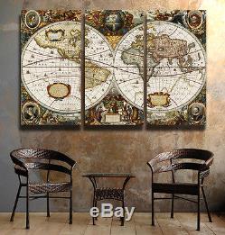 Beautiful Medievil World Map 1600's FRAMED Canvas prints Triptych