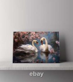Beautiful Swans Couple In The Lake Canvas Print, Serene Spring Scene Art