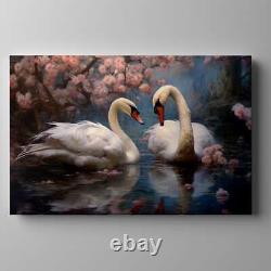 Beautiful Swans Couple In The Lake Canvas Print, Serene Spring Scene Art