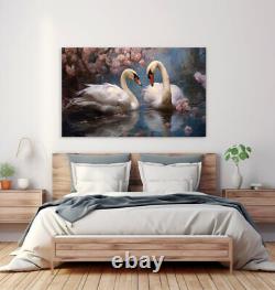 Beautiful Swans Couple In The Lake Canvas Print, Serene Spring Scene Art