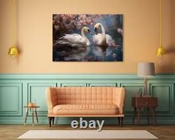 Beautiful Swans Couple In The Lake Canvas Print, Serene Spring Scene Art