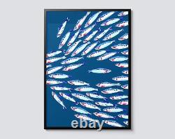 Blue Fish Shoal Vintage Illustration, Sea Nature Graphic Wall Art, Portrait