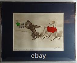Boris O'Klein Dirty Dogs of Paris Hand Colored Engraving Framed Set of 3 1950s