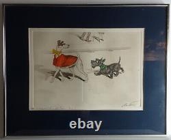 Boris O'Klein Dirty Dogs of Paris Hand Colored Engraving Framed Set of 3 1950s