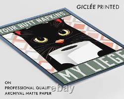 Cat Bathroom Humor Wall Art, Funny Butt Napkins Poster, Quirky Illustration