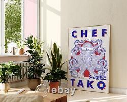 Chef Tako Modern Illustration, Cartoon Octopus Chef Portrait Wall Art, Japanese