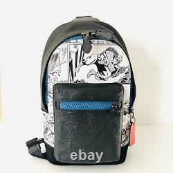 Coach Marvel Comic Book Print West Sling Pack Black Leather Backpack NWT $350