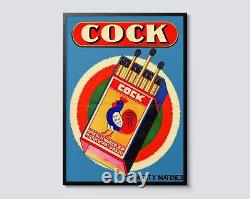 Cock Matchbox Vintage Illustration Poster, Retro Funny Chicken Advert, Wall