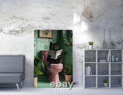 Cute Fluffy Black Cat On Toilet Framed Canvas Wall Art Picture Print