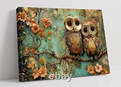 Cute Owls On Tree Branch Home Decor Framed Canvas Wall Art Picture Print