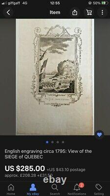 English Engraving circa 1795 View of Siege of Quebec Framed Mounted & Glazed