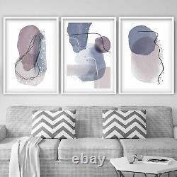 FRAMED Abstract Silver Effect Watercolour Purple Shapes Wall Art Gift Set Of 3