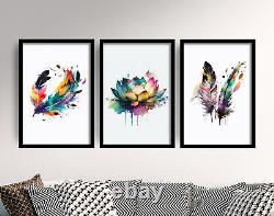 Feathers and White Lotus Watercolour Paintings Set of Three Art Print Poster