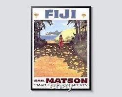 Fiji Vintage Travel Poster, Island Beach Pacific Wall Art Print, Tropical Palm