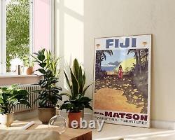 Fiji Vintage Travel Poster, Island Beach Pacific Wall Art Print, Tropical Palm