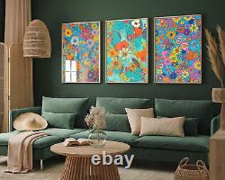 Floral Blue Flower Patterns Set of Three Art Prints Painting Poster Gift