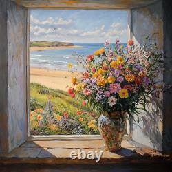 Flowers with a beach Oil Painting Luxury Canvas Wall Art Picture Print Colourful