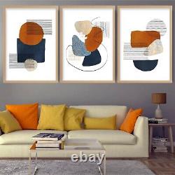 Framed Abstract Terracotta & Watercolour Navy Blue Shapes Wall Art Set Of 3