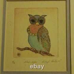 Hand Coloured Aquatint Etching Owl Bird Averyl Shilkin Signed limited 5/14'85