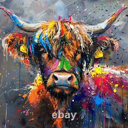 Highland Cow Colourful Oil Art Luxury Canvas Wall Picture Print Colourful