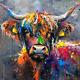 Highland Cow Colourful Oil Art Luxury Canvas Wall Picture Print Colourful