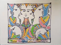 Jean Cocteau Europe So many different opinions, Signed Lithograph, 1961